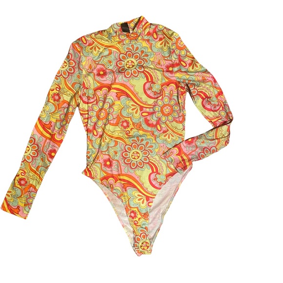 Shein Retro Themed Floral Print Mock Turtleneck Bodysuit - Picture 2 of 5